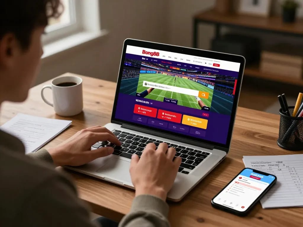 Bong88 player celebrating a winning bet while using a laptop for online gaming.