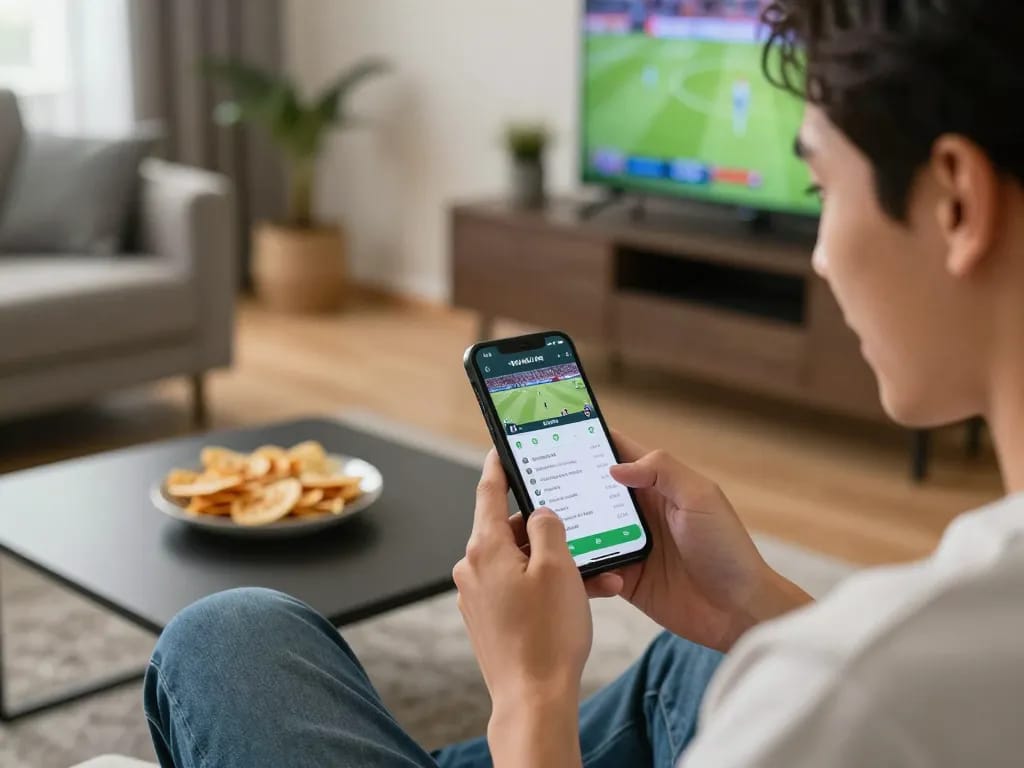Engaging bettor analyzing kèo bóng đá hôm nay on a smartphone app in a cozy home setting, enhancing sports betting excitement.