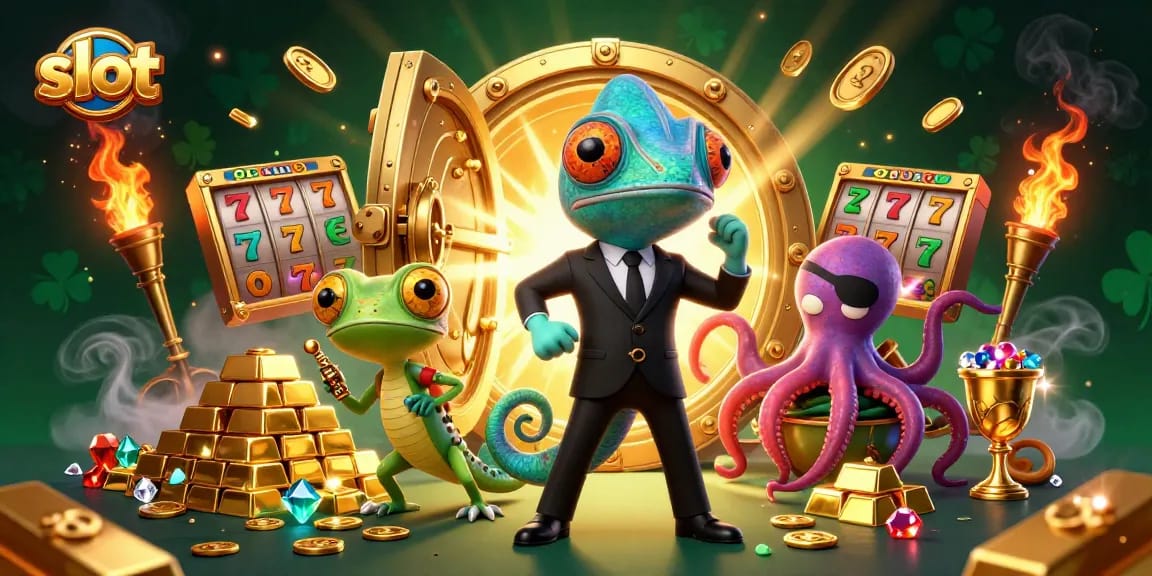 Spin and win at slot games with vibrant characters and glittering treasures in this animated casino scene.