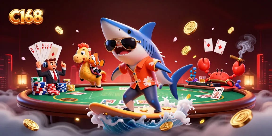 C168 casino game scene featuring a shark surfing gold coins while a clownfish and crab entertain, rich in vibrant details.