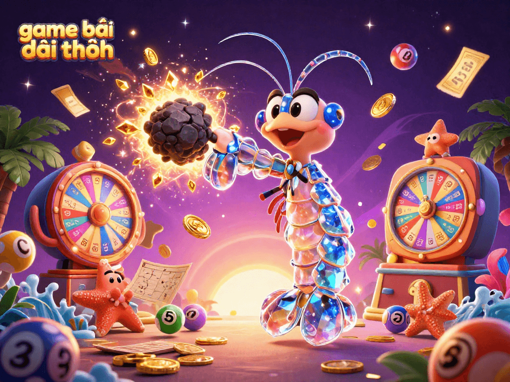 Engage with game bài đổi thưởng as a galactic samurai mantis shrimp punches asteroids, revealing gems and coins.