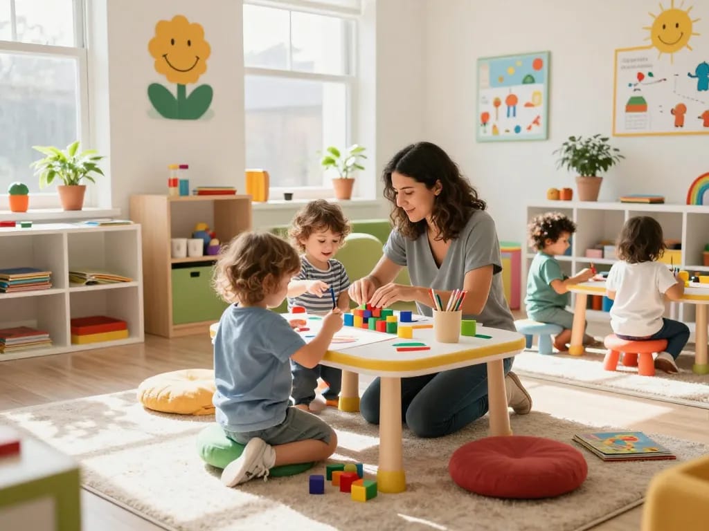 Engaged children learning and playing in a colorful nursery setting - panen178 highlighting joyful childhood experiences.
