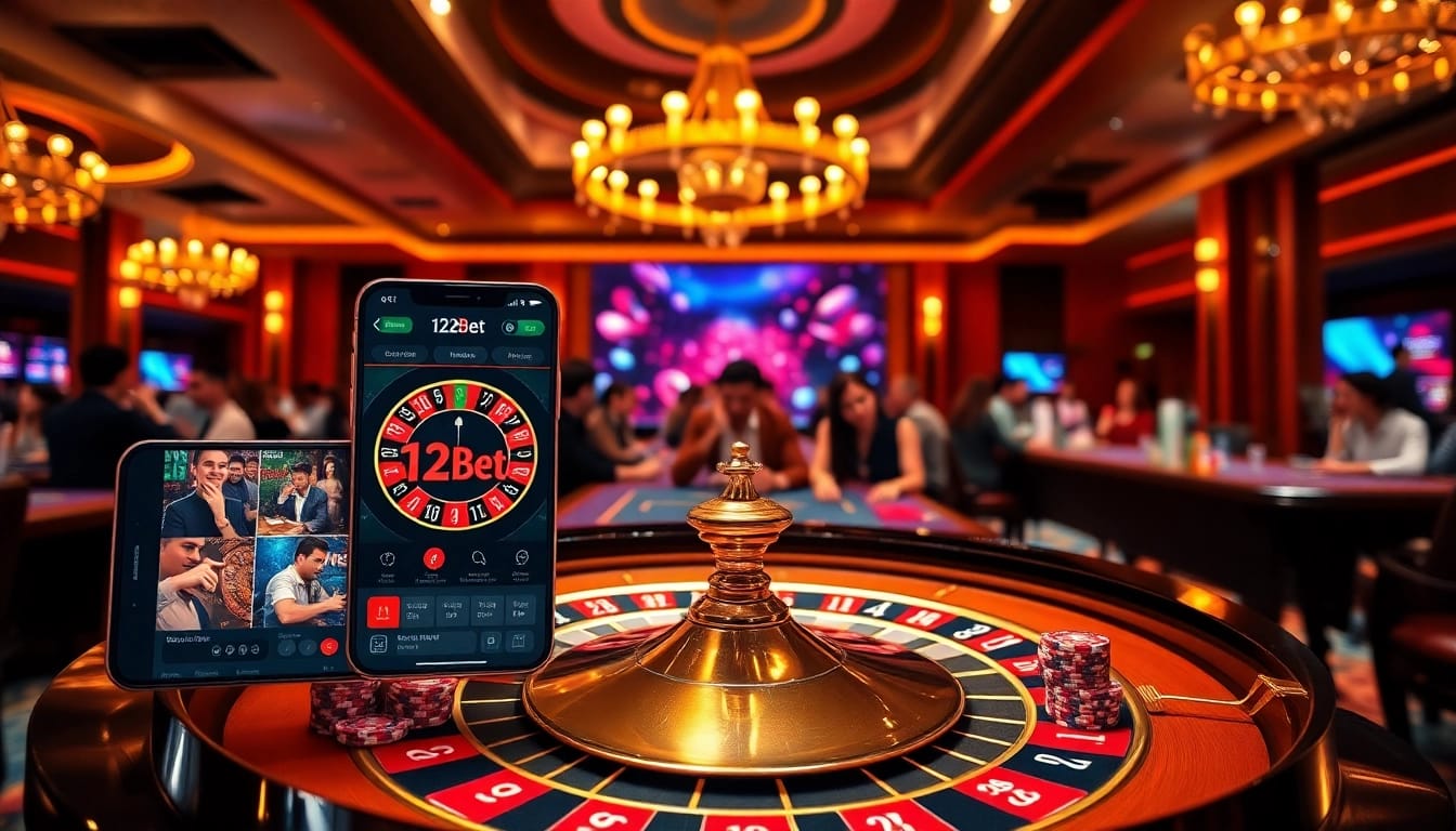 Experience ink vao 12bet on a luxurious casino table with vibrant poker chips and roulette.