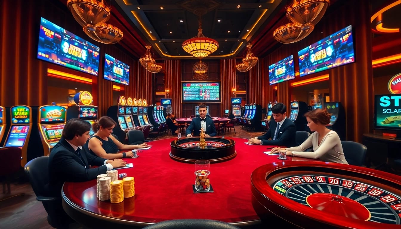 Experience thrilling gameplay at https://kk55.group with a vibrant poker game in a luxurious casino setting.