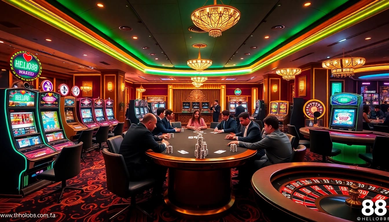 Hello88 casino experience with players at poker tables and vibrant lights, showcasing excitement.