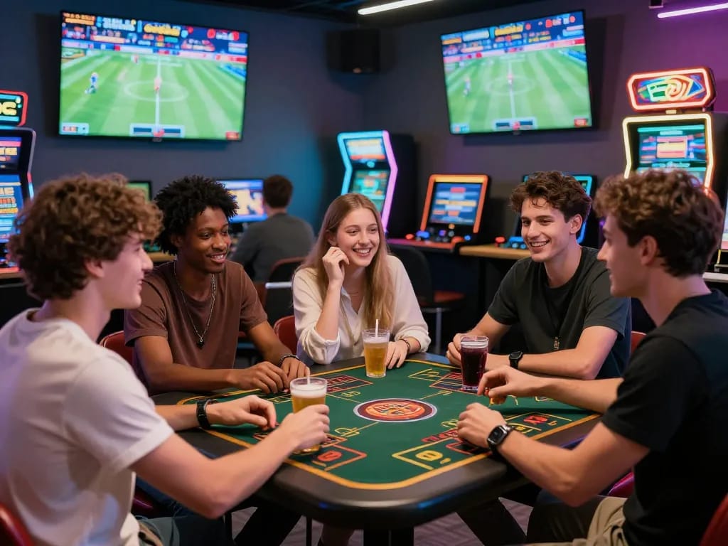 Bong99 scene with friends excitedly placing bets in a vibrant gaming lounge.