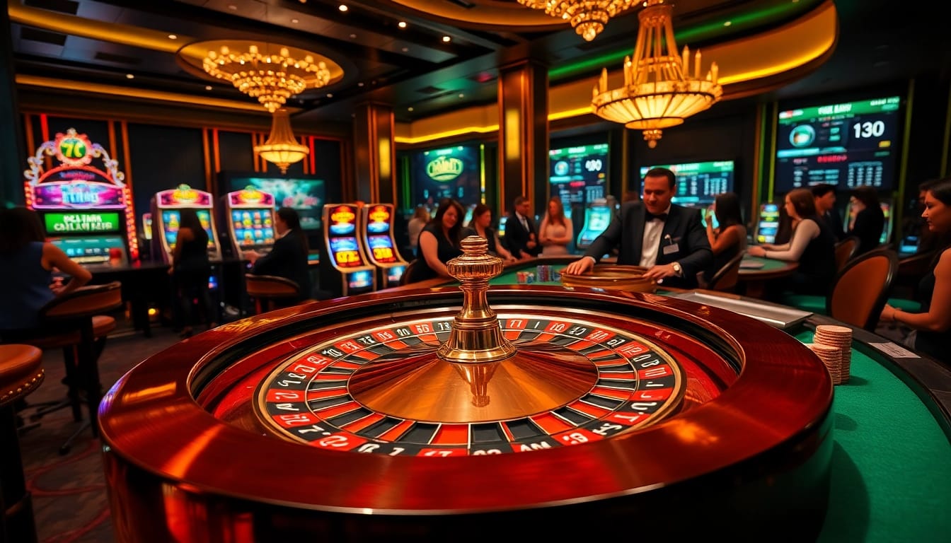 Engaged gamblers enjoying high-stakes gaming at 'hitclub' casino, with roulette and slot machines.