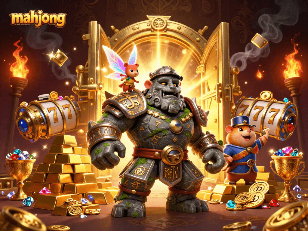 Engage in thrilling mahjong battles with magical characters amidst gold treasures and vibrant casino elements.
