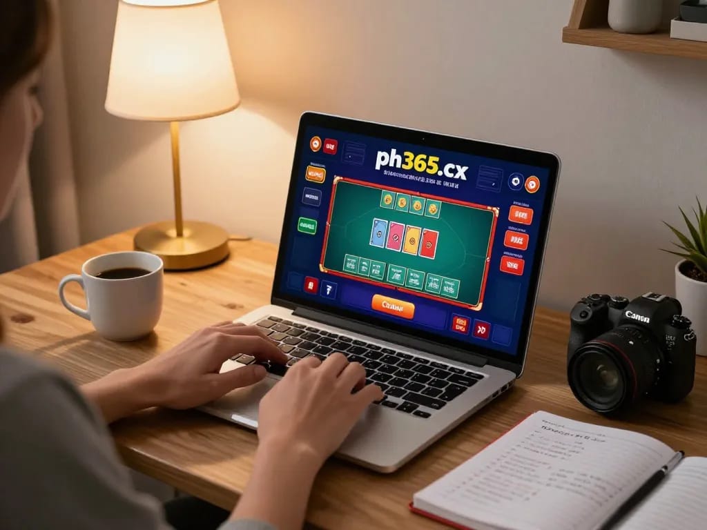 Player engaged with ph365.cx live dealer game on laptop in a cozy home setup