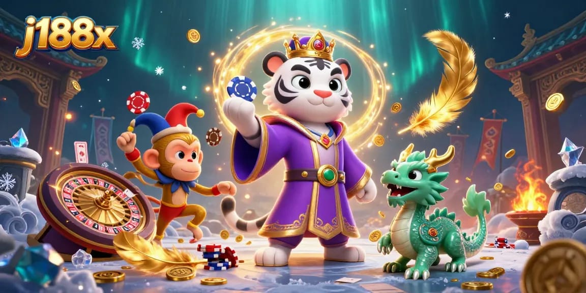 Win big at j188x with this vibrant illustration featuring a tiger, monkey, and dragon in an exciting casino scene.