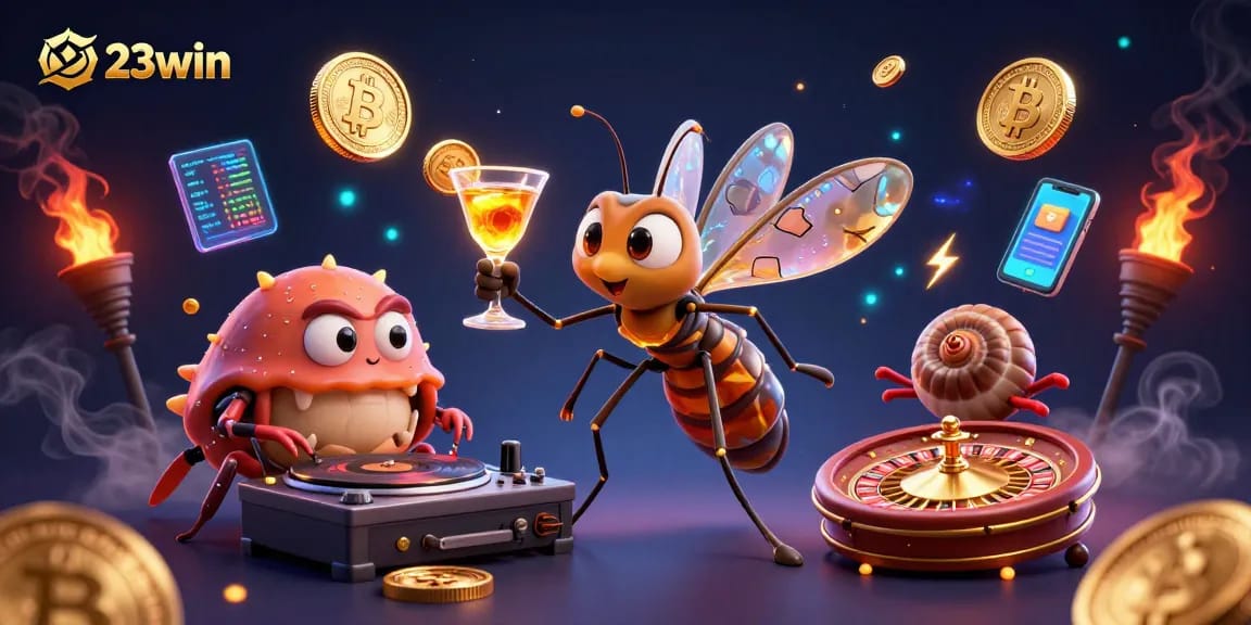 Experience thrilling gameplay at 23win with our 3D animated casino scene featuring cryptocurrency and classic gaming elements.