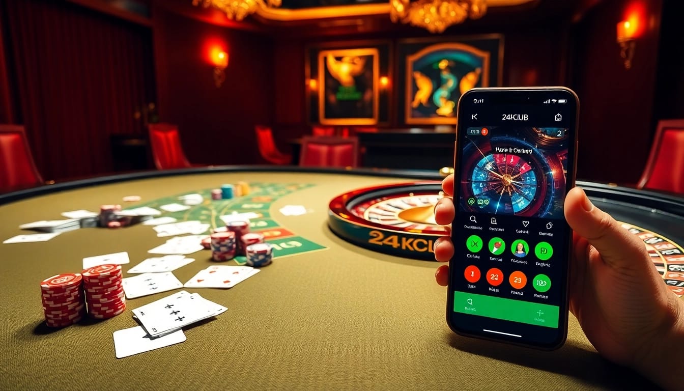 Trải nghiệm các trận chơi đầy hồi hộp tại 24kclub với bàn casino sống động và hình ảnh ứng dụng 24kclub tương tác.