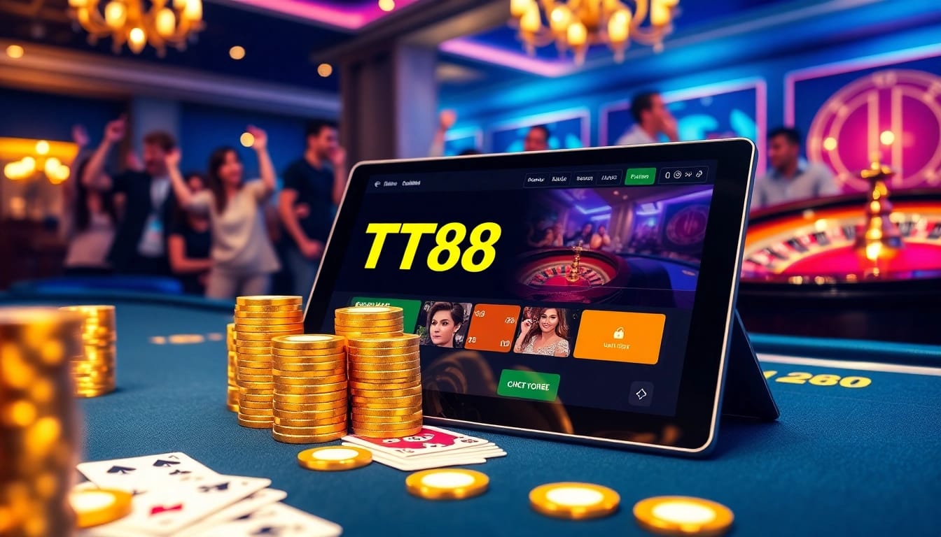 TT88 online casino interface with vibrant poker chips and lively players celebrating wins.