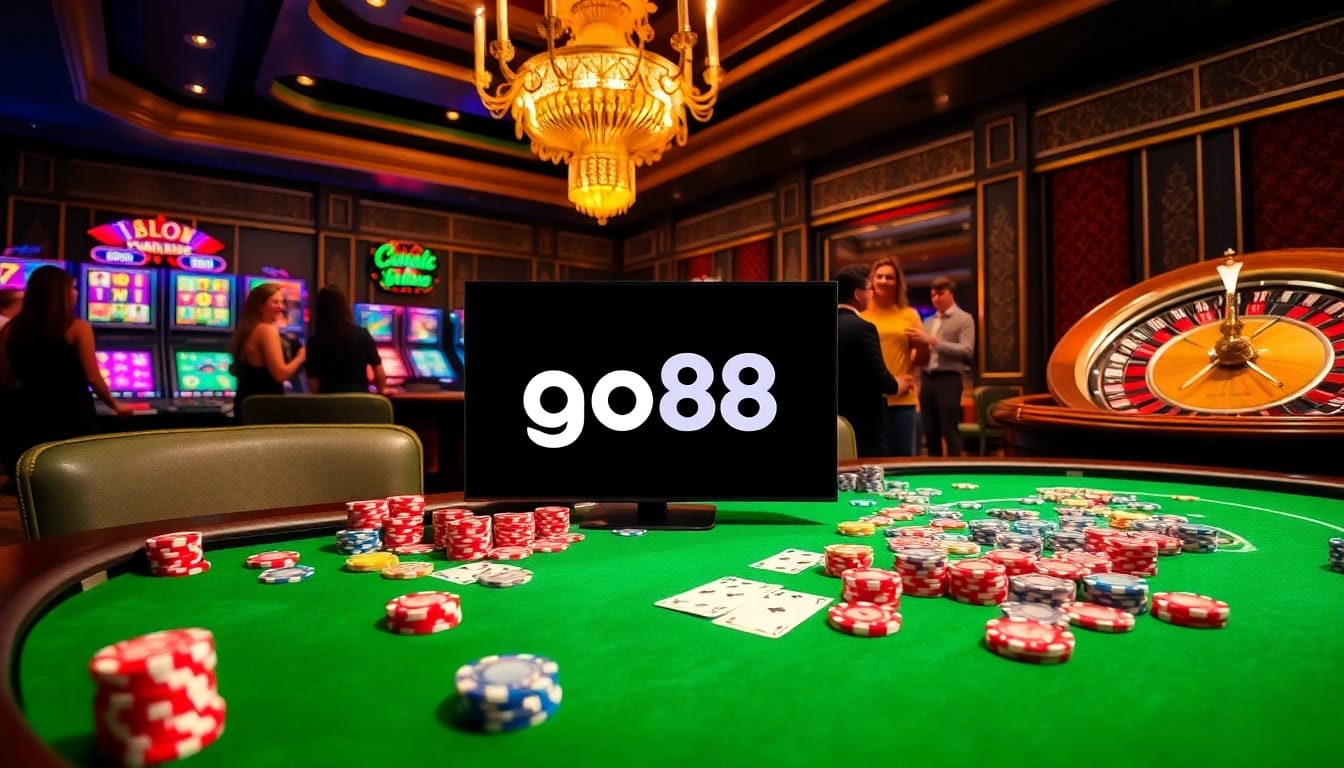Players enjoying a thrilling game at the go88 casino with colorful poker chips and vibrant slot machines.