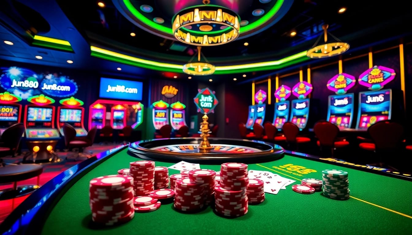 Experience the excitement of online gambling at jun88 com with luxurious gaming tables and roulette wheels.