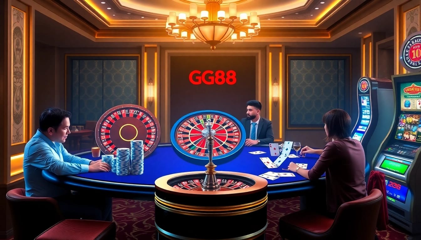 Players engaging with GG88 casino games at a luxurious gambling table with vibrant visuals.