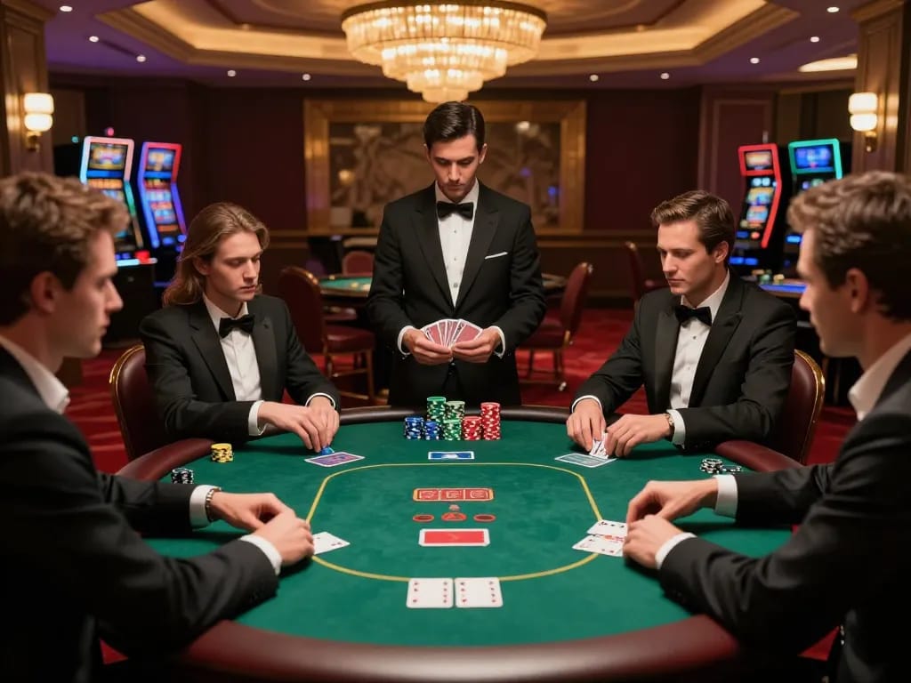 gbong players engaged in a high-stakes poker game at a luxury casino table