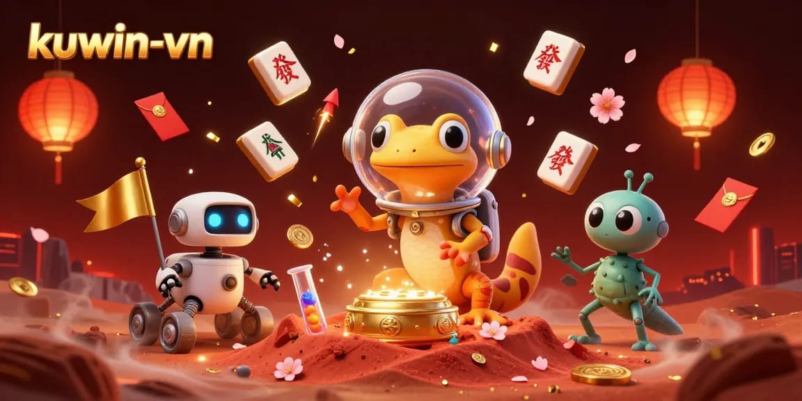 Experience the excitement of kuwin-vn with a vibrant 3D casino scene featuring a Martian gecko!