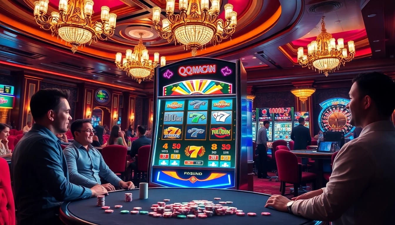Experience the excitement of QQMacan with players engaging at a vibrant slot machine in a luxury casino setting.