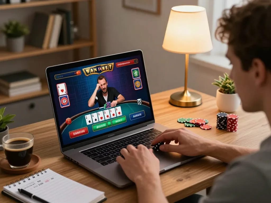 Person enjoying exciting online poker gameplay at home, focusing on vaobet strategy with laptop and notes.