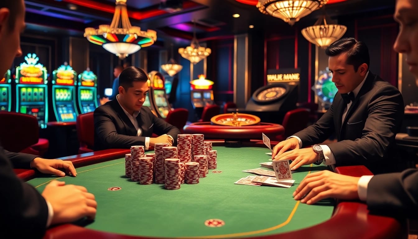 A dynamic casino scene at https://kuwinblog.com/ depicting thrilling poker gameplay with focused players and vibrant surroundings.