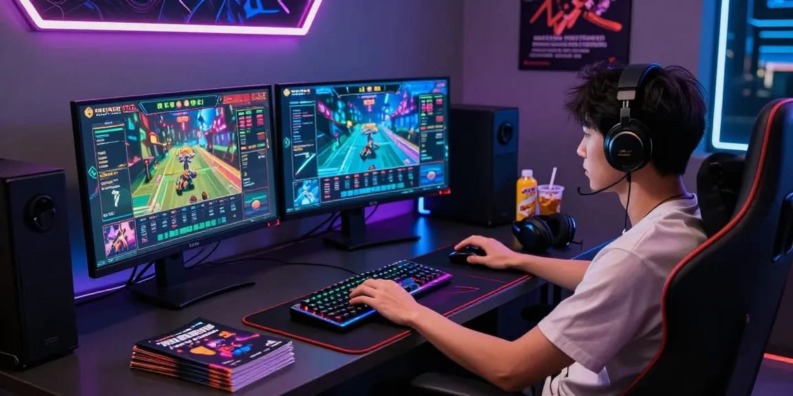 Gamer berfokus bermain rajatogel di ruang permainan modern dengan layar dan peralatan canggih.