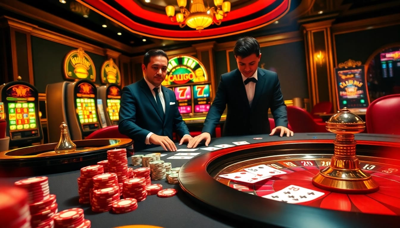 Bidding on excitement at https://b52.za.com/ with vibrant casino tables, poker chips, and lively slot machines.