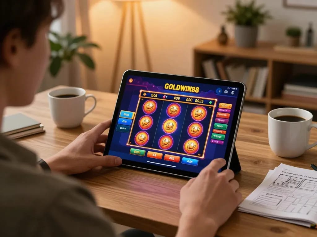 Pemain yang terlibat dengan platform GOLDWIN88 di tablet, menunjukkan kegembiraan perjudian online di lingkungan rumah yang nyaman.