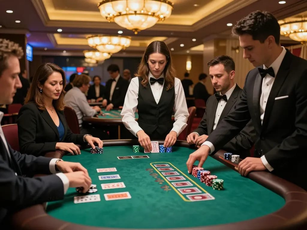 Players engaged at a soc88 blackjack table, showcasing strategic gameplay in a vibrant casino.