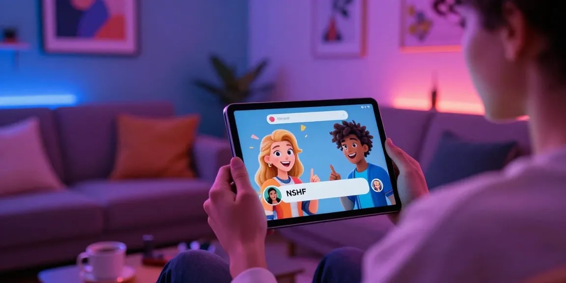 Interactive NSFW chat session on a sleek tablet in a vibrant digital lounge.