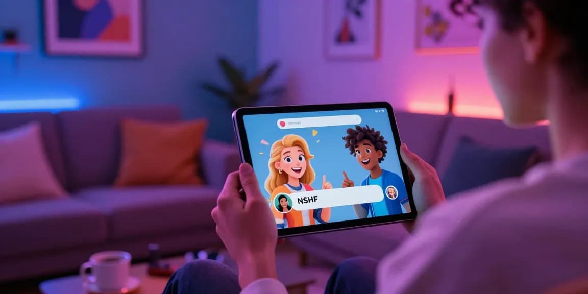Interactive NSFW chat session on a sleek tablet in a vibrant digital lounge.