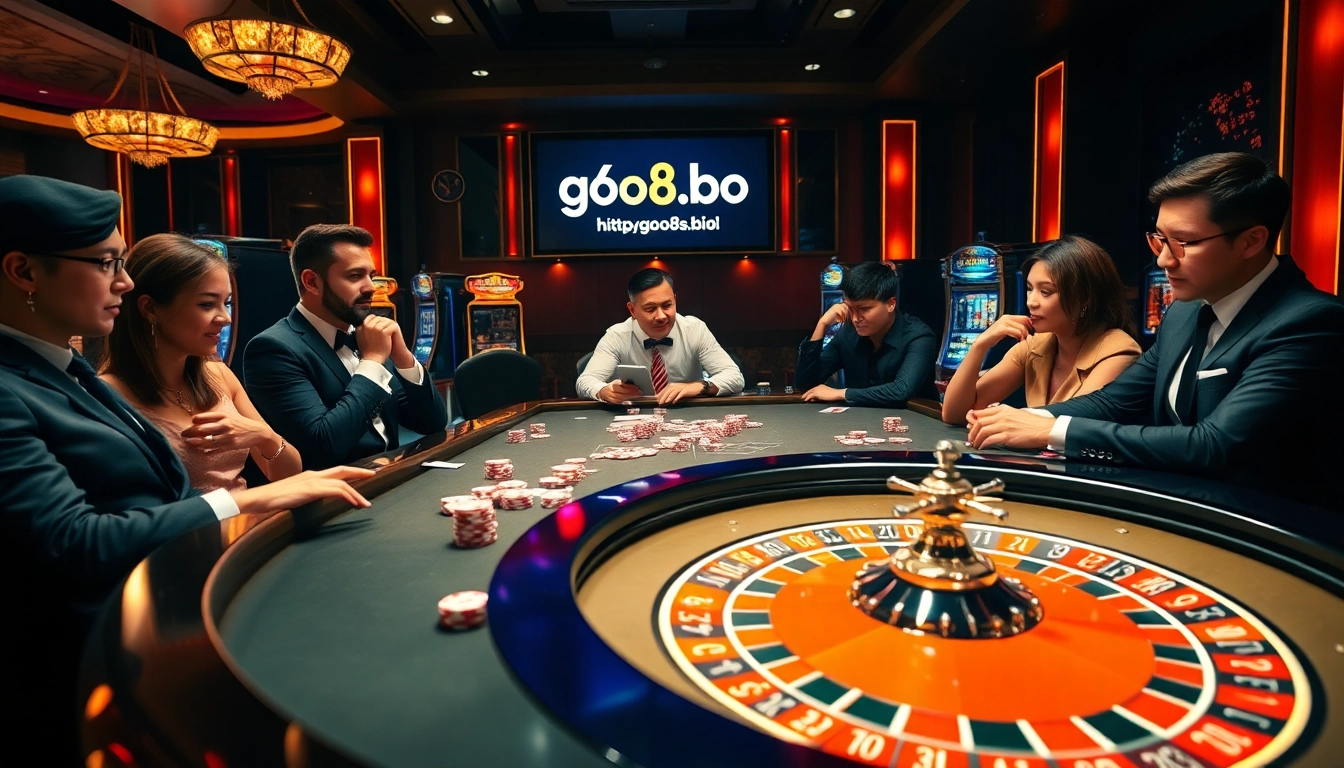 Experience the thrill of gambling at https://go8s.bio/ with a luxurious roulette table and vibrant players.