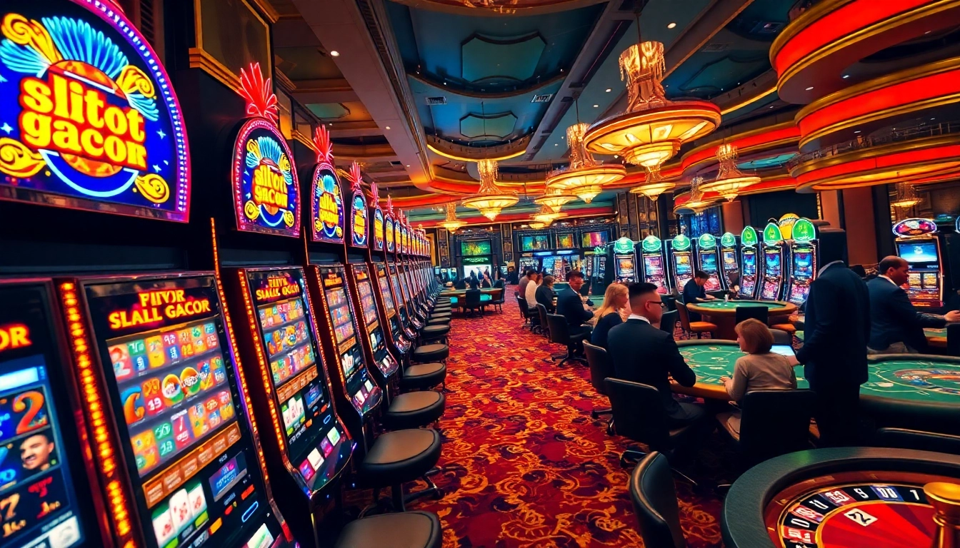 Vibrant slot gacor machines in a luxurious casino setting, showcasing excitement and glamour.
