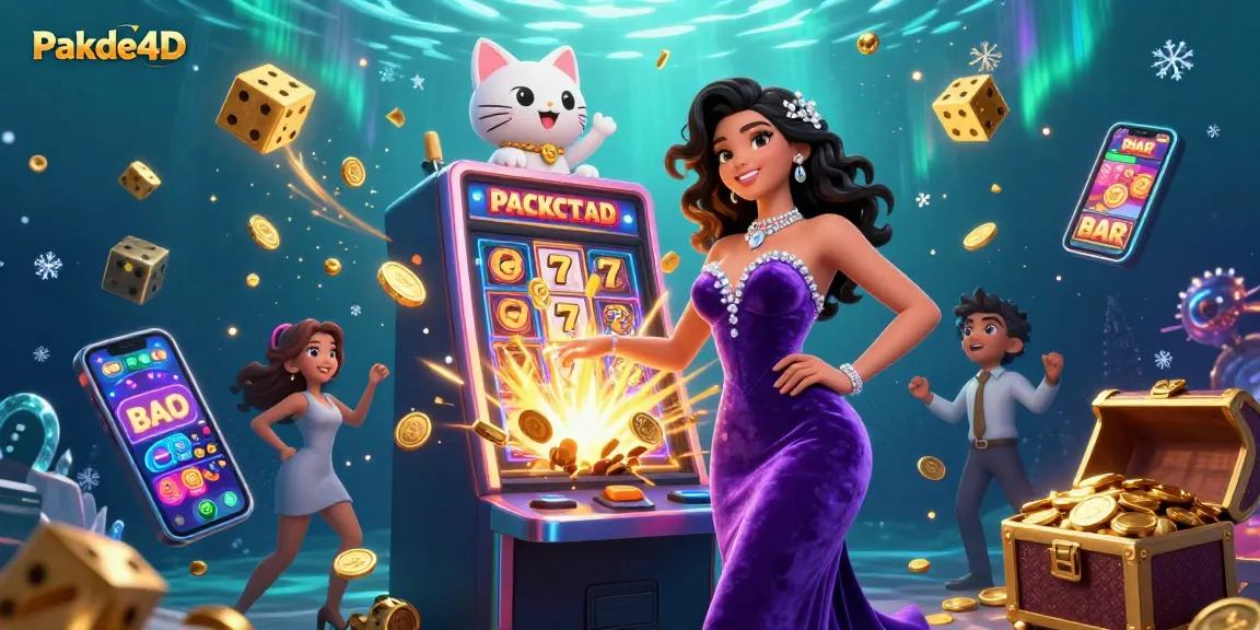 Experience thrilling jackpots with Pakde4D in a vibrant casino scene featuring a glamorous woman and a fortune cat.