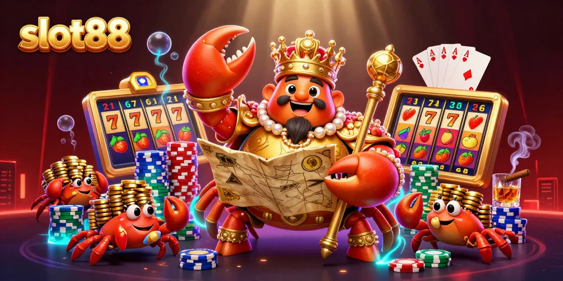 Spin the reels at slot88 with a golden crab emperor amidst vibrant slot action and treasure.
