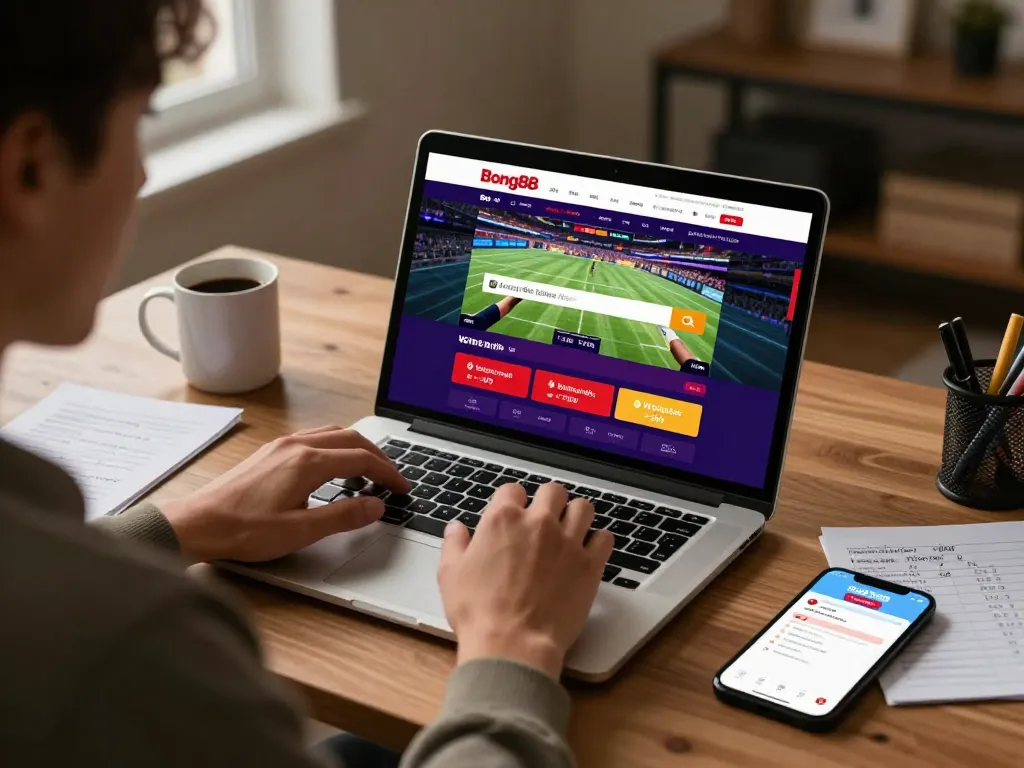 Bong88 player celebrating a winning bet while using a laptop for online gaming.