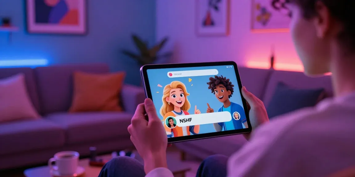 Interactive NSFW chat session on a sleek tablet in a vibrant digital lounge.