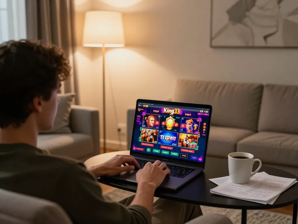 Engaging online king33 gaming scene with player analyzing strategies and enjoying casino games in a cozy setting