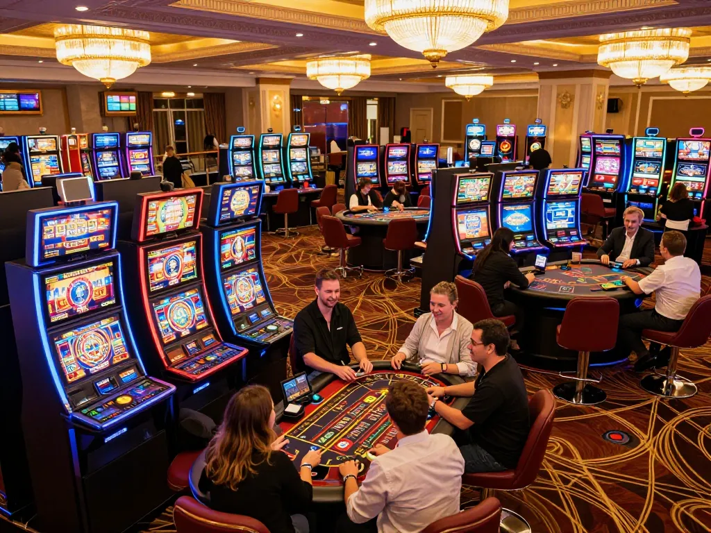 Exciting scene showcasing players at a busy casino floor enjoying gaming at betbet with lively slot machines and table games