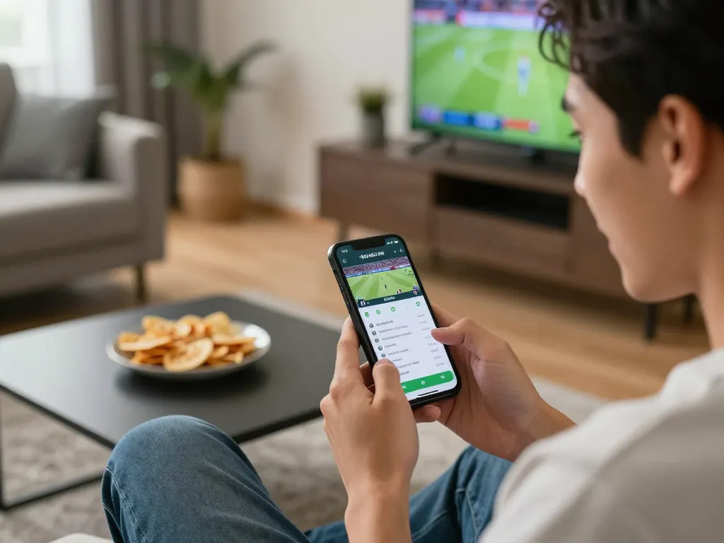Engaging bettor analyzing kèo bóng đá hôm nay on a smartphone app in a cozy home setting, enhancing sports betting excitement.