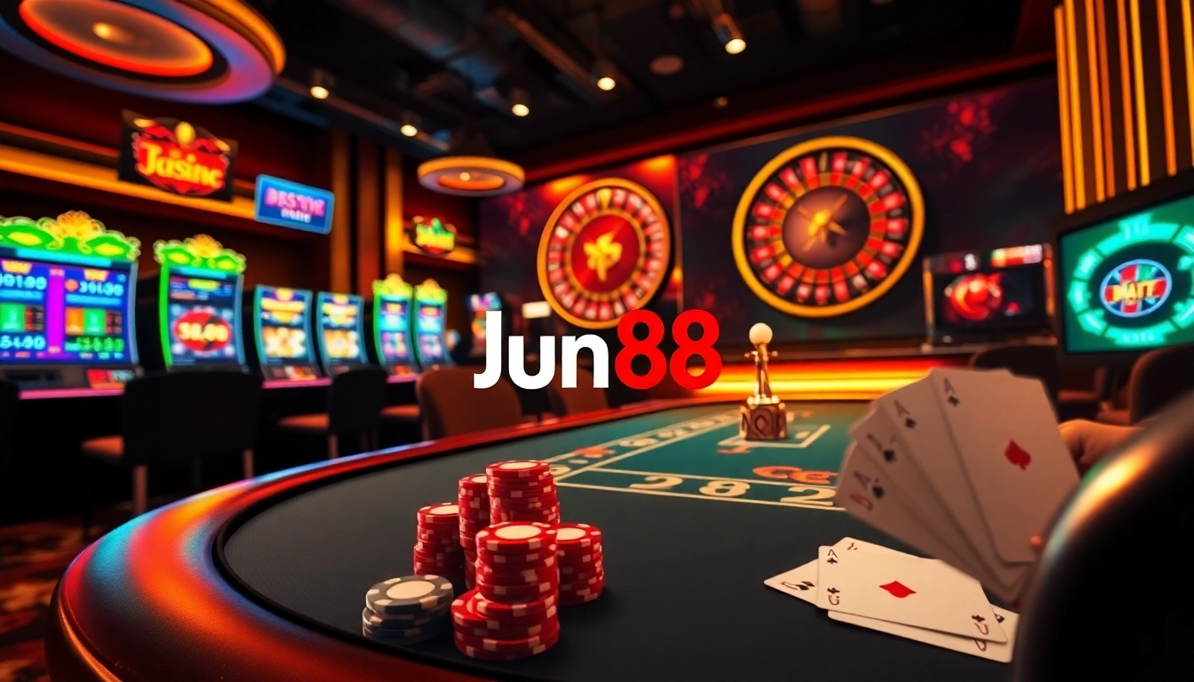 Winning at Jun88 Casino with poker chips and vibrant slot machines in an exciting environment.