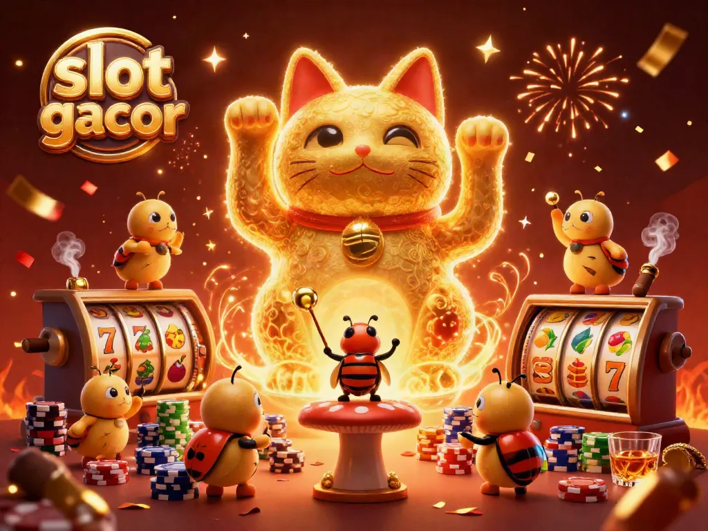 Permainan slot gacor yang meriah dengan karakter kucing keberuntungan dan kunang-kunang yang mengelilinginya.