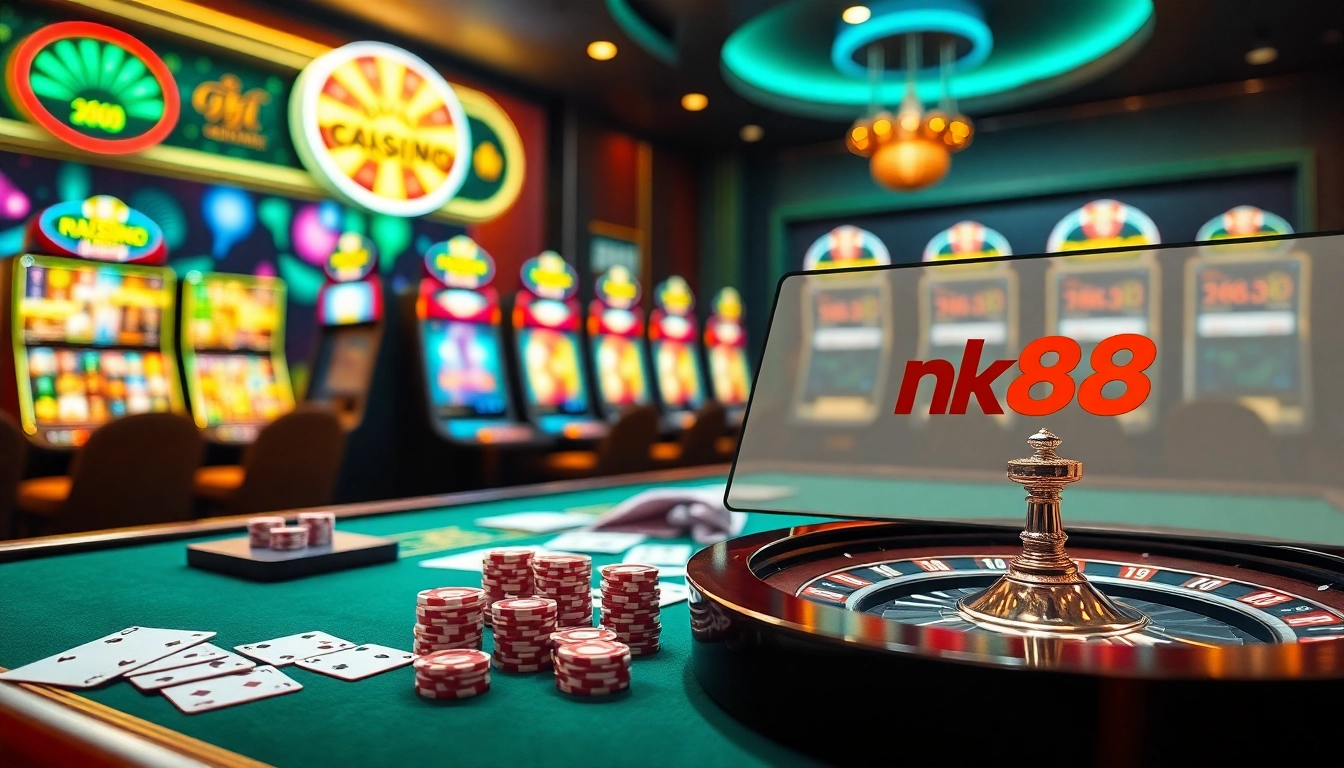 Experience the thrill of gambling at NK88 with vibrant casino elements and luxurious decor.