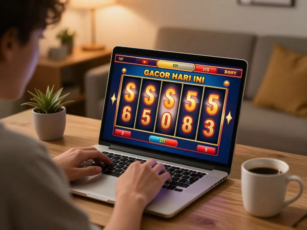 Engaging in slot gacor hari ini gameplay at home on a laptop, highlighting the excitement of online slots.