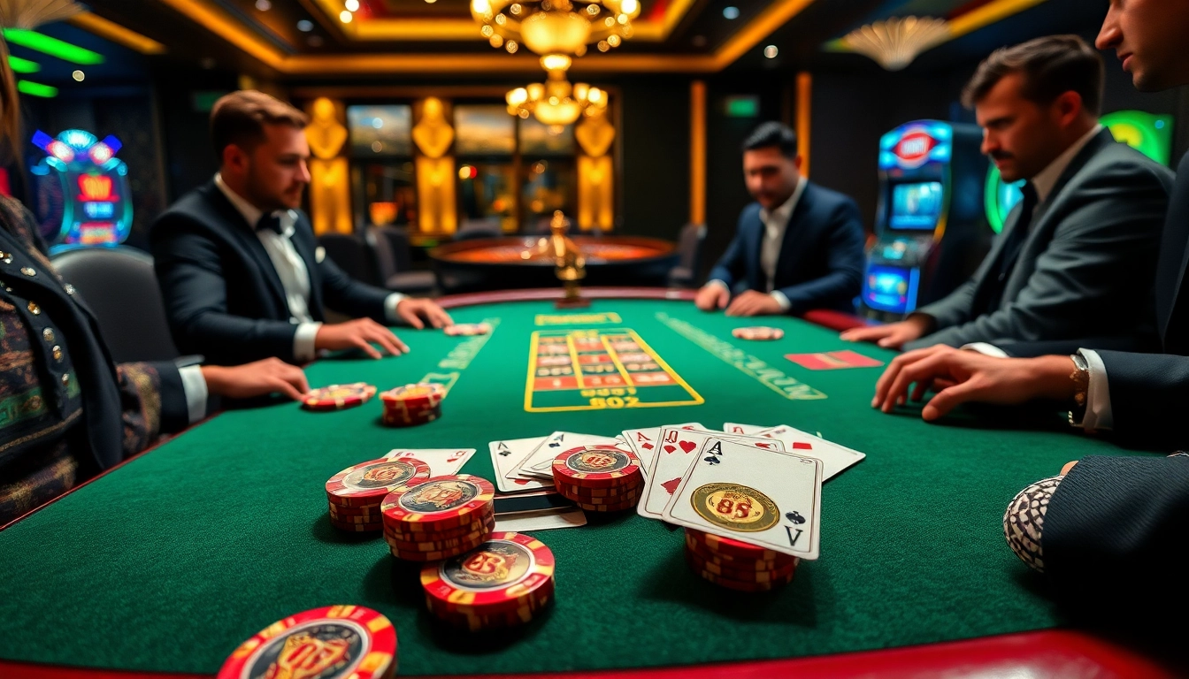 Exciting poker game at https://mm88k.media/ with luxurious chips and cards creating a thrilling atmosphere.