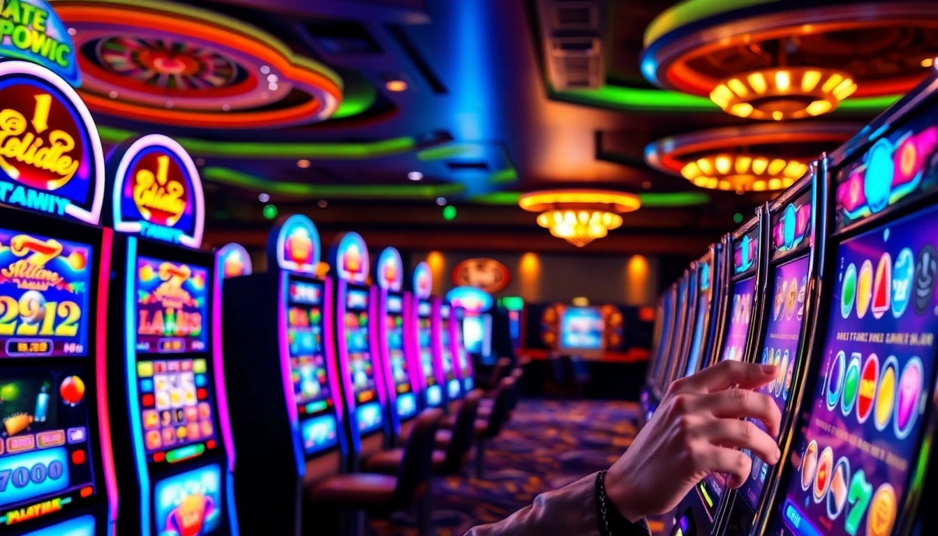 Excited player winning on a situs slot online machine in a vibrant casino atmosphere.