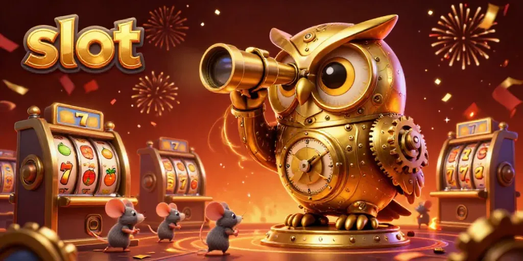 Engaging slot machine scene featuring a golden owl and tiny mice celebrating with vibrant elements
