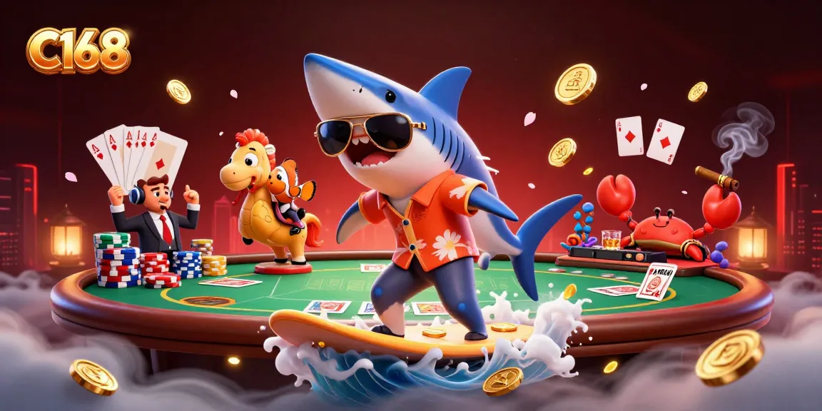 C168 casino game scene featuring a shark surfing gold coins while a clownfish and crab entertain, rich in vibrant details.