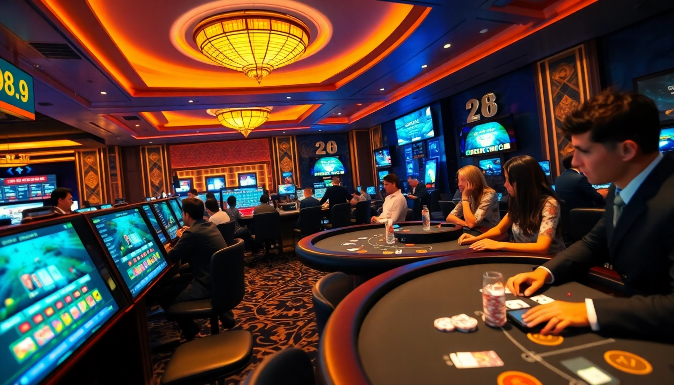 Engaging online gaming scene at 28BET, featuring players enjoying baccarat and blackjack in a sophisticated atmosphere.