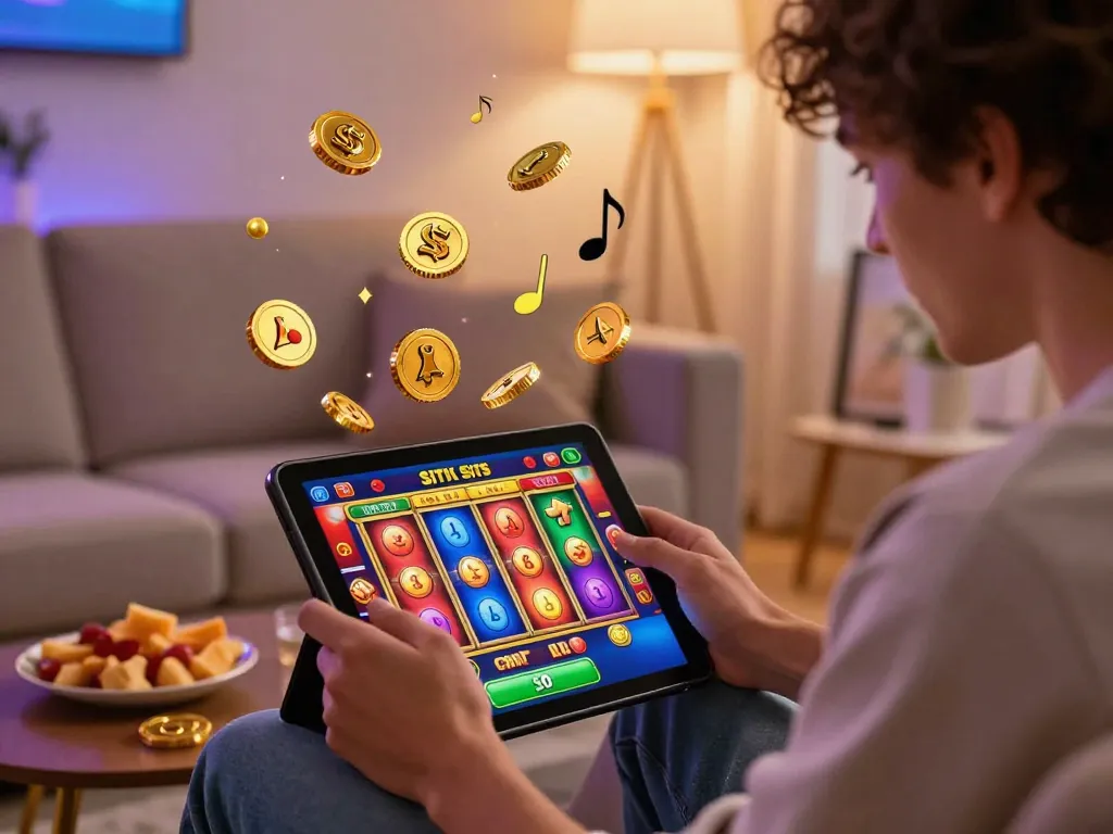 Pemain menikmati permainan situs slot di tablet dalam suasana rumah yang nyaman dengan pencahayaan yang menawan.